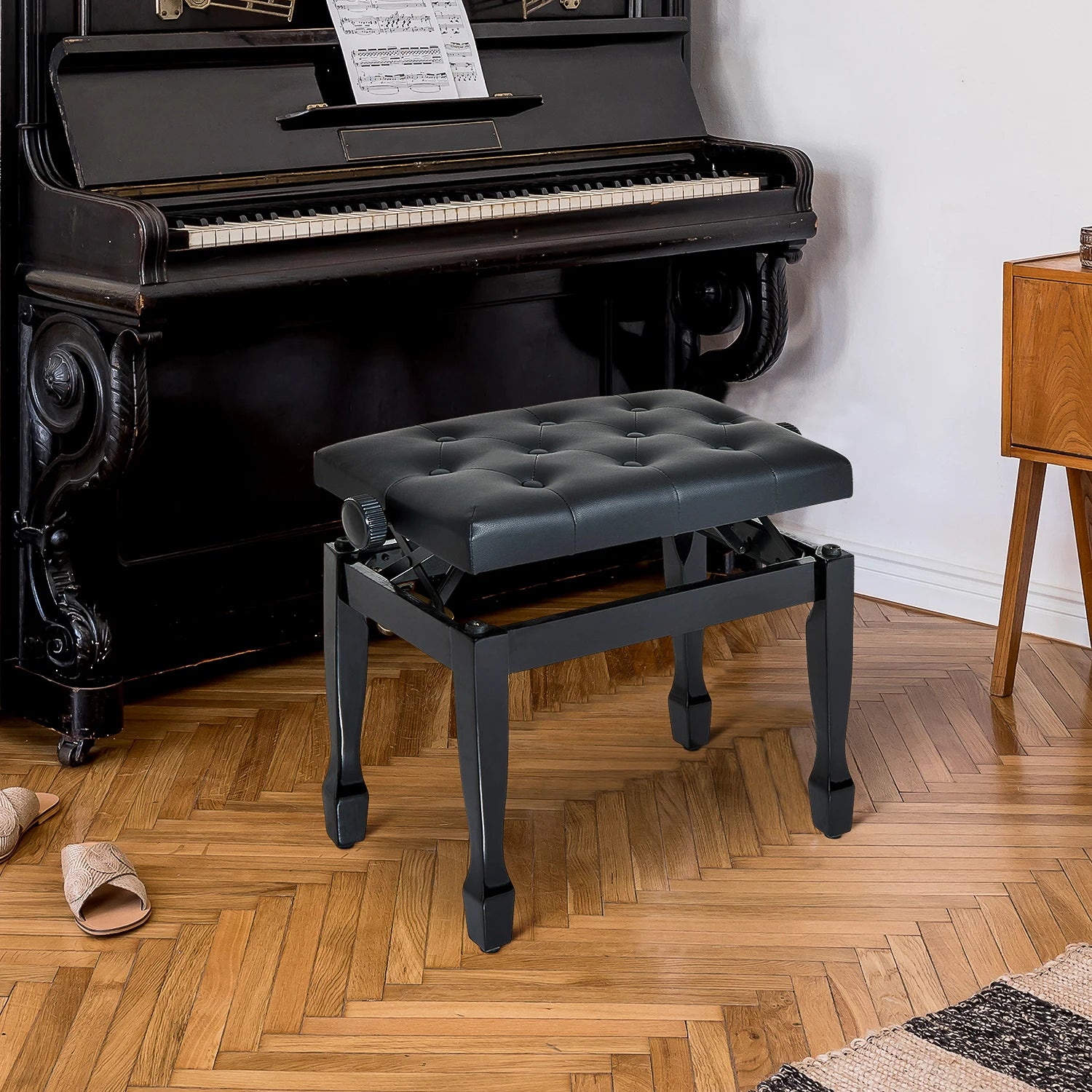 Adjustable Piano Stool – Faux Leather Padded Stool, Black